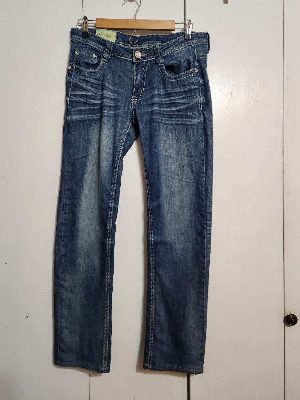 Machine Nouvelle Mode Jeans 32 Embroidered Rhinestone Cross Y2K Straight Leg